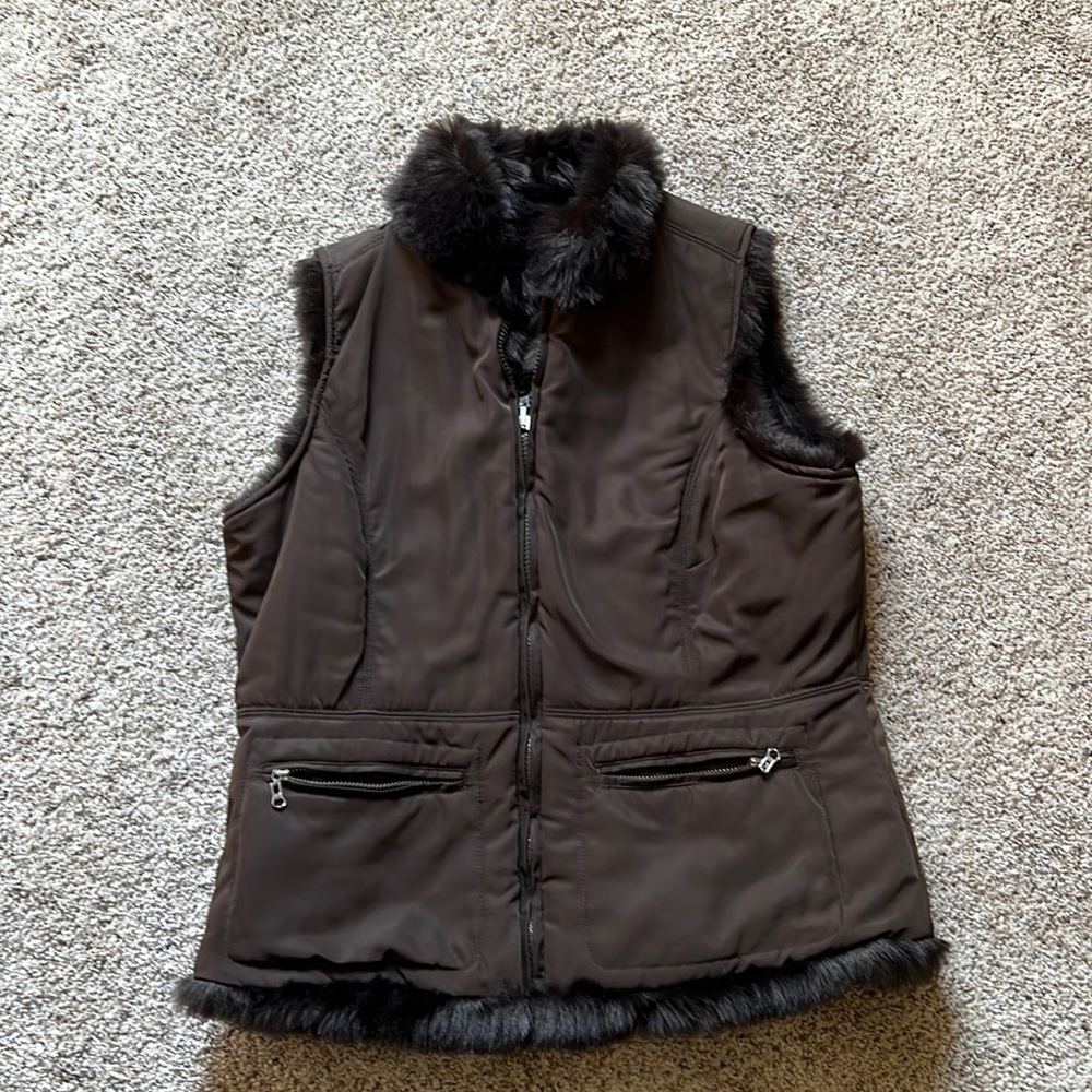 Brown faux fur lined reversible vest